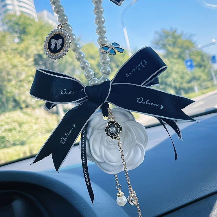 Camellia Scent Car Hanging Ornament, Exquisite Double Sided Bow Pendant, Auto Interior Decoration