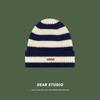 Japanese Striped Letters Small Label Large Version Wool Hat for Women In Autumn and Winter Warm Versatile Big Head Circumference Knit Pile Hat Trend