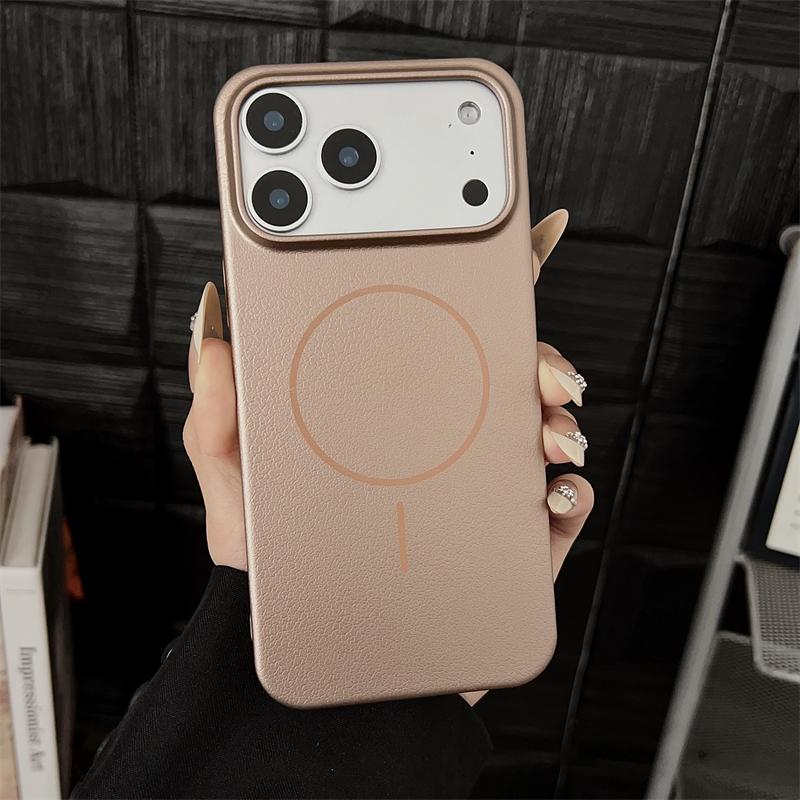 Luxury Lychee Leather Hard PC For Magsafe Magnetic Case For iPhone17 17Air 17Pro 17Pro Max Wireless Charging Frosted Cover