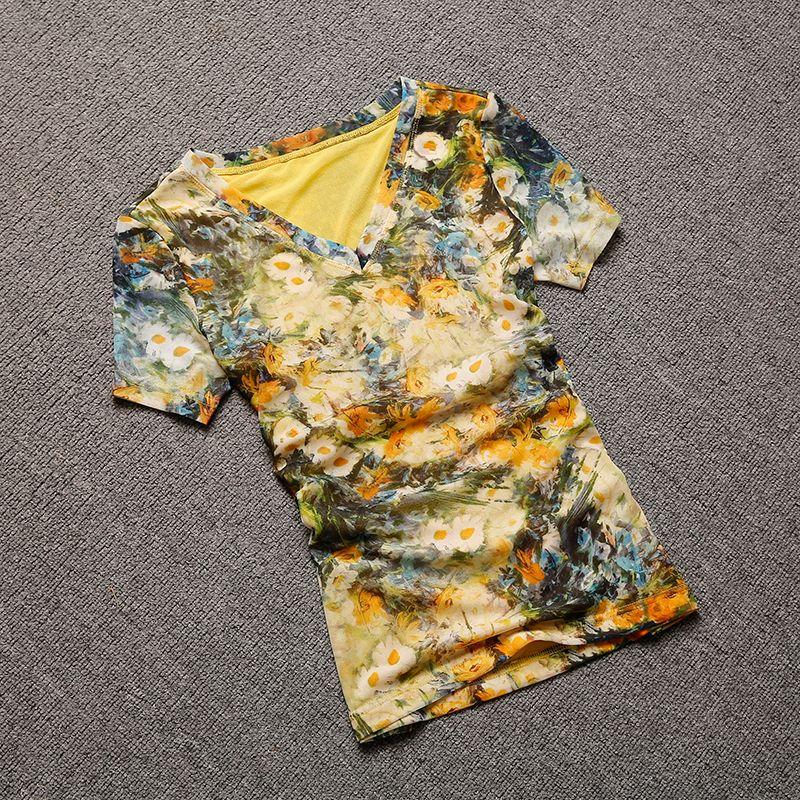 

Beautiful Small Blouse Short Sleeve Chicken Collar Slim-Fit Printed Top Yellow L