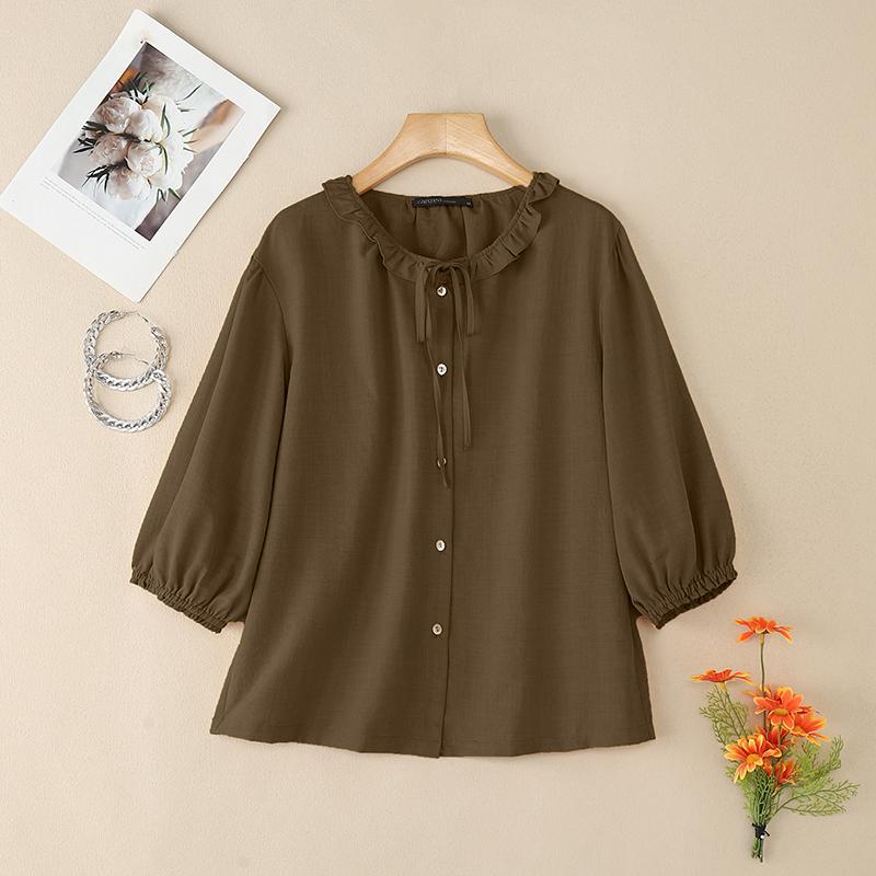 

ZANZEA Женская повседневная блузка с круглым вырезом и рукавом 3/4 4XL светло-коричневого