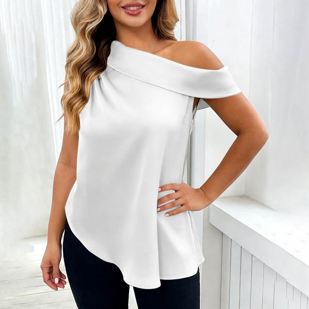 Women’s Fashionable Casual Plain Off-the-Shoulder Satin Sleeveless Asymmetrical Hem T-Shirt Top