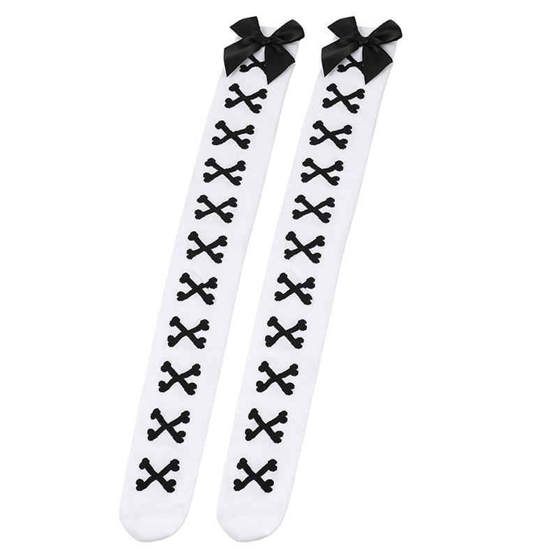 1 Paar Mädchen Schwarz Süß Niedlich Rosa Y2K Harajuku Lolita Oberschenkelhohe Strümpfe Mädchen Knochen Schleife Socken Streetwear