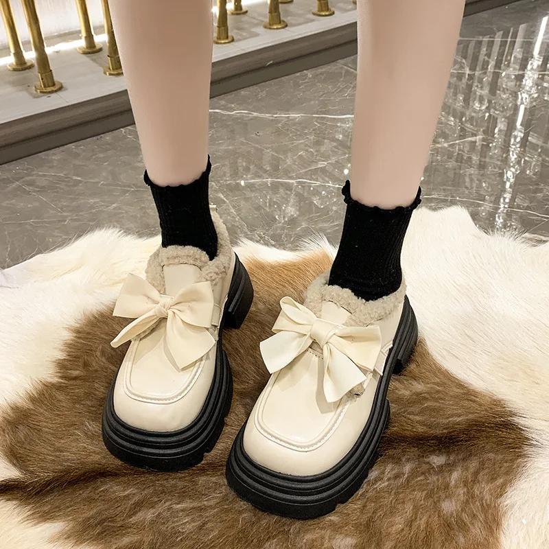 

Зимние туфли в британском стиле с бантом, маленькие кожаные туфли, женские, новая мода, плюшевые теплые хлопковые туфли, женские туфли Мэри Джейн 40