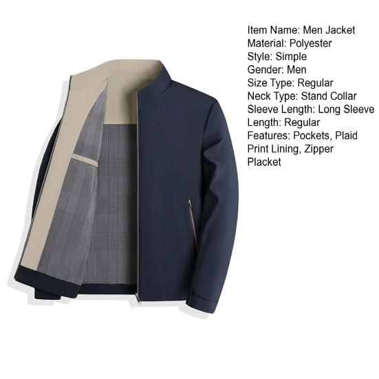Jachetă pentru bărbați Guler cu mânecă lungă, culoare solidă, căptușeală în carouri, haină, buzunare, cu fermoar, îmbrăcăminte casual