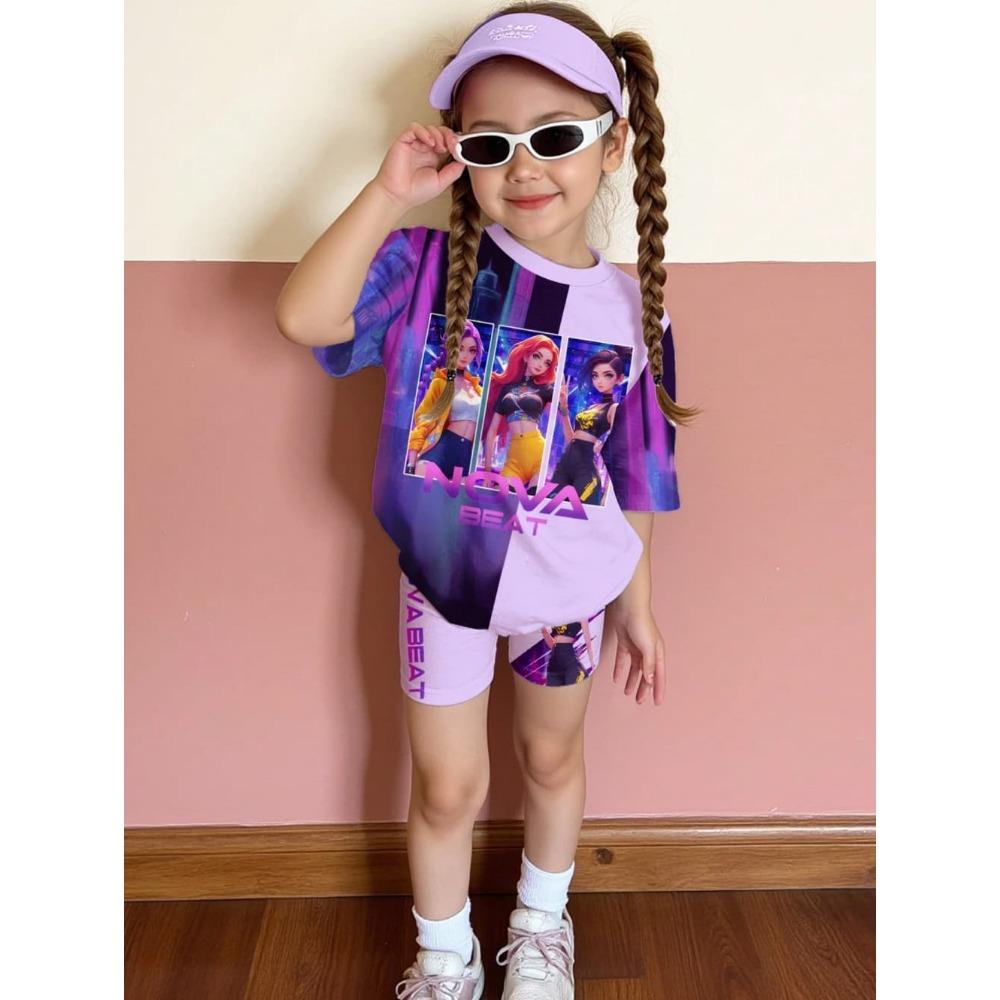 Kpop Cartoon Graphic New T-Shirt and Pants Set Girls' Summer Clothing Cute Short Sleeve Set Children's T-Shirt and Shorts Set