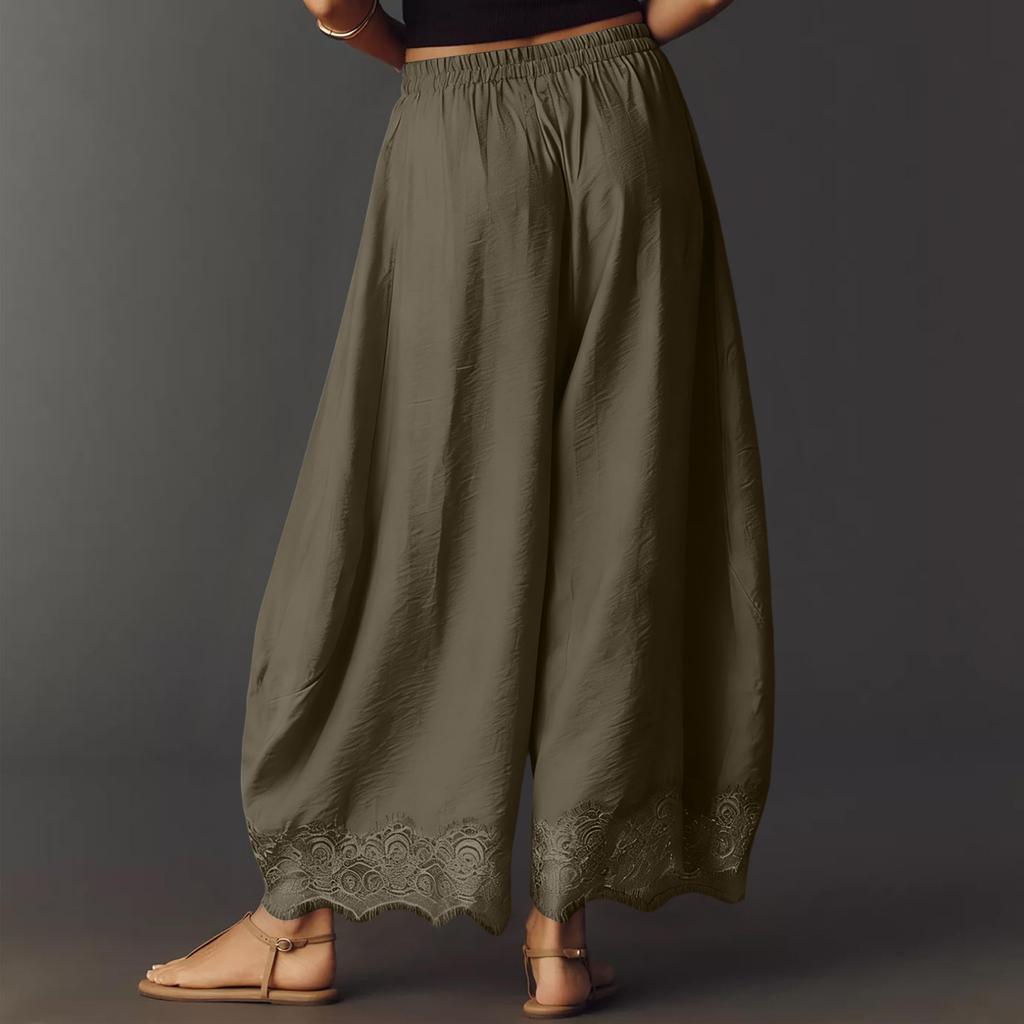 Women's Casual Wide Leg Pants Elastic Waistband Drawstring Bottom Hem Lace Trim Palazzo Trousers for Everyday Wear