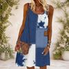 Damen Übergröße Rundhalsausschnitt Ärmellos Spaghettiträger Blau Weiß Batik Patchwork Denim Print Kleid Mit Tasche