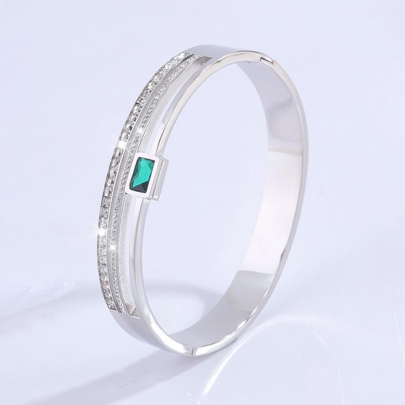 Stainless Steel Wide Bangle Double Row Emerald Zircon Bracelet for Women Luxury Fashion Do Not Fade Jewelry Accessories Gift
