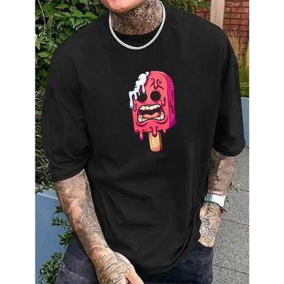 Europäische Größen Lustiges Eis am Stiel Muster Druck, Herren T-Shirts mit neuartigem Musterdesign, Sommerliche lässige und bequeme T-Shirts