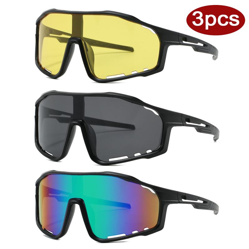 Protective Glasses 3Pcs Outdoor Mtb Road Bike Glasses Fashion Full Frame One-Piece Sun Glasses Cycling Sports Windproof Goggles