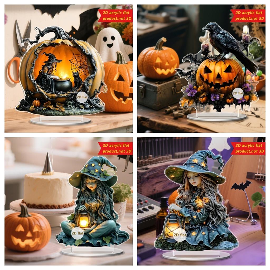 2D Flat Acrylic Halloween Festival Desktop Ornaments Ghost Pumpkin House and Lantern Witch Home Table Ornament Decoration