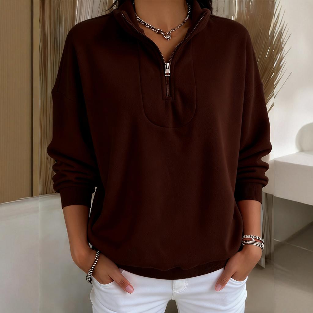 Women's Fashion Fleece-Lined Loose Pullover Solid Color Zipper Long-Sleeve Sweatshirt