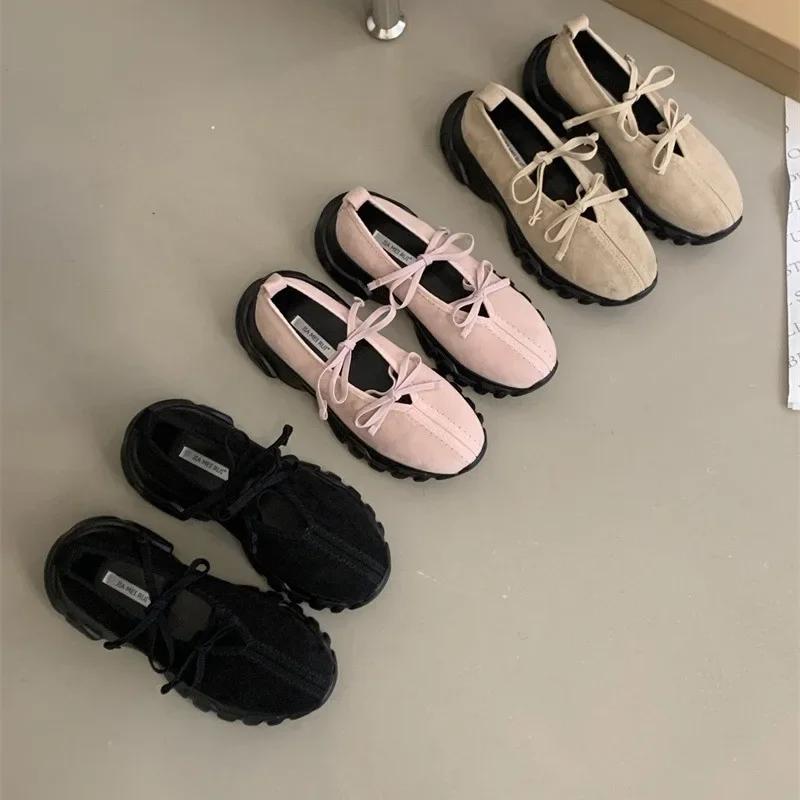 2025 Autumn New Style Korean Version French Style Round Toe Double Bow Thick Bottom Casual Fashionable Mary Jane Women's Shoes
