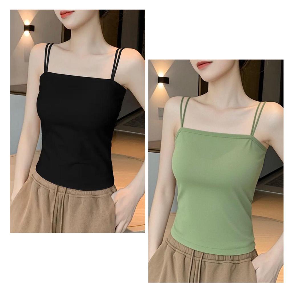 Women's Stylish Double Strap Camisole with Chest Pads - Beautiful Back and Sleeveless Form-Fitting Top