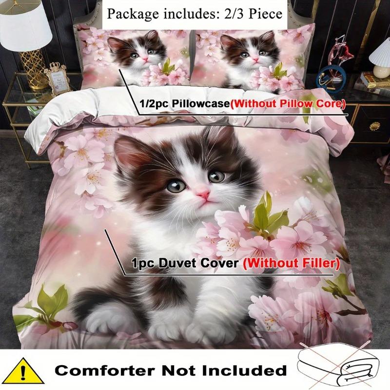 Cat Bedding Set Animal Duvet Cover Set Cartoon Comforter Cover Bedroom Decor Guest Room 2/3pcs 2D Pink Flat Printing