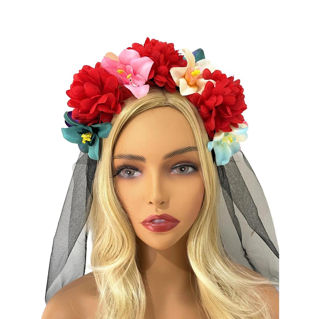 2024 Halloween Simulation Colorful Peony Flower Headband Fairy Butterfly Mexican Wreath Crown Cosplay Party Costume Day Dead