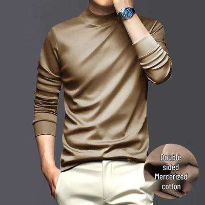 Men's High-End Lyocell Mercerized Cotton Solid Color Long Sleeve T-Shirt with Anti-static, Skin-friendly Half-high Neck for Autumn and Spring.
