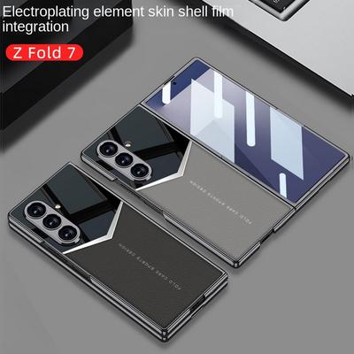 For Samsung Galaxy Z Fold 7 Fold7 Lens Protect Cover Jazz Plain Leather Electroplating Color Block Glass Protective Film Case