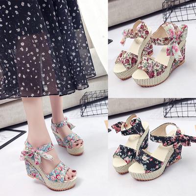 Fashion Women Wedge High Heels Sandals Flower Print Summer Casual Shoes for Women