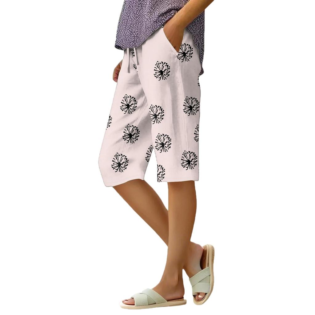 Pantaloni scurți largi de vară pentru femei, cu talie elastică și șnur, din bumbac și in floral