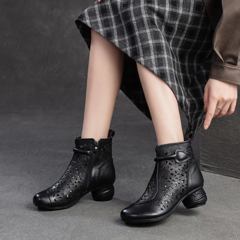 Johnature Retro Prodyšné Holínky Letní Sandály Móda z pravé kůže Dámská obuv na vysokém podpatku