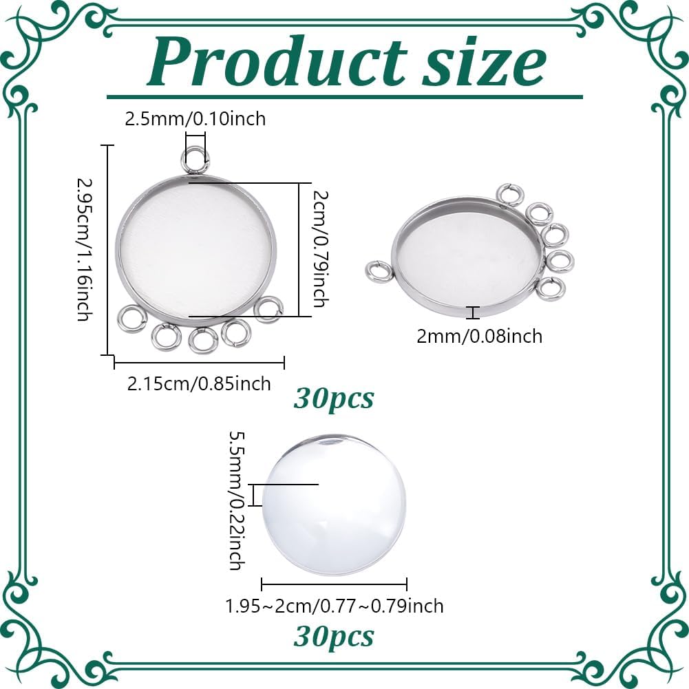 UNICRAFTALE 30Sets Flat Round Tray Pendants Cabochon Stainless Steel Pendant Cabochons Blank Bezel Pendants with 5 Hole with 30pcs Glass Cabochons