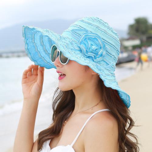 

HT1676 2018 New Fashion Women Hat Korea Style Flower Packable Large Wide Brim Hat Anti-UV Adjustable Ladies Floppy Beach Sun Hat небо синє кольору
