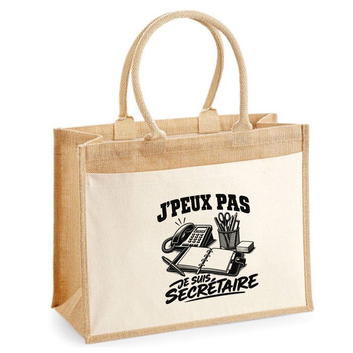 Sac Cabas Jute avec Poche J’peux pas je suis Secrétaire J'peux pas minimaliste | Toile de Jute et Coton 21 L Fond Plat Anses 65 cm