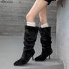 Winter Women Pointed Toe Fuzzy Plush Long Boots Knee-High Slip on White Cozy Faux Fur Lined Boots Fashion Thigh High Botas Mujer
