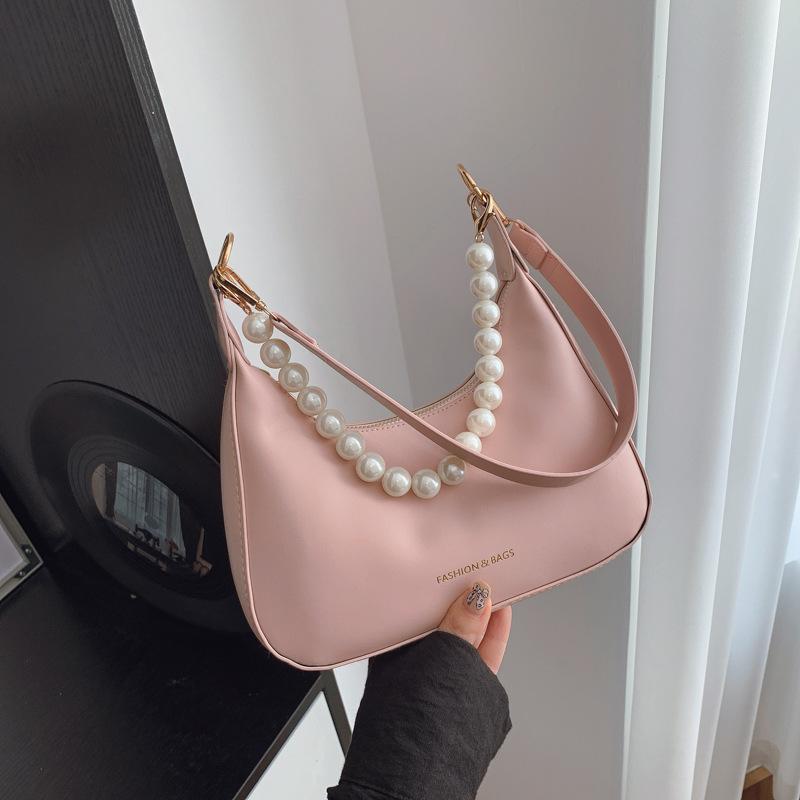 Pink Soft Leather Hobo Shoulder Bag For Women Elegant Style Underarm Bag With Pearl Decorated Chain And Wide Strap For Daily Use