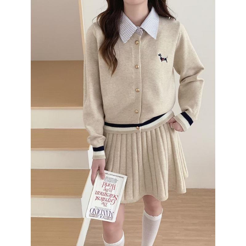 2025 Fall/Winter Korean Academy Style Knit Cardigan & Pleated Skirt Set for Women