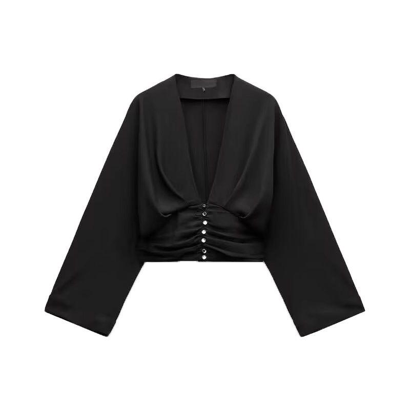 

Spring New Women s Clothing French Style Design Pleated V-neck Button Decoration Waist Trimming Short Tops 2123519 Black L