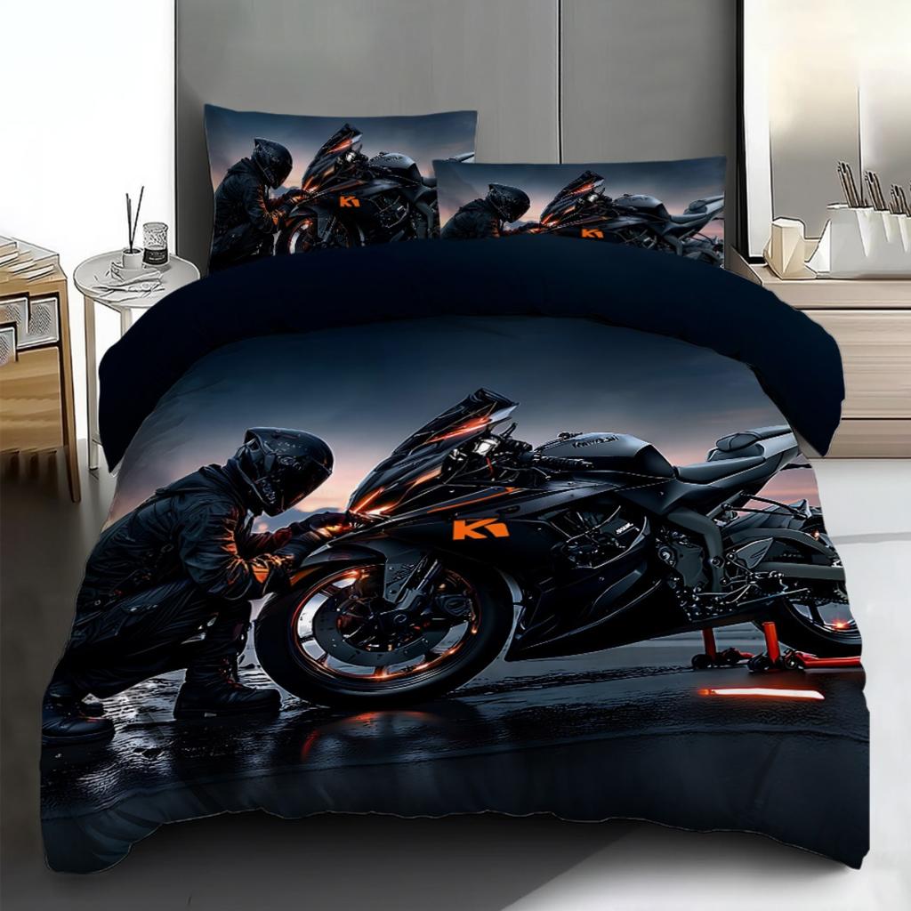 2/3Pcs Wild Style Black Orange Motorcycle Pattern Duvet Cover Set, Multicolor HD Print Coreless Bedding with Pillowcases, Soft C