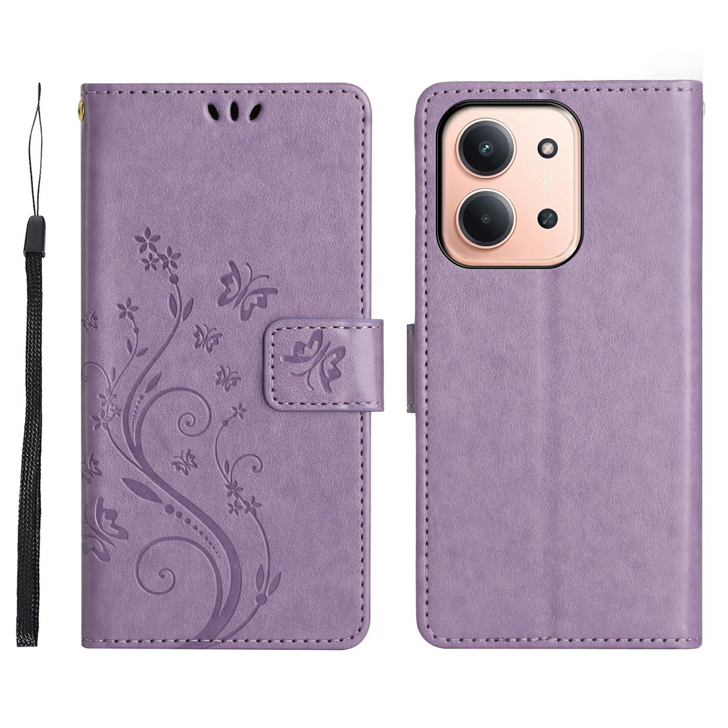 

For Xiaomi Redmi 15C 4G (171mm) Leather Wallet Case Butterfly Flower Imprinted Phone Cover with Strap Light Purple