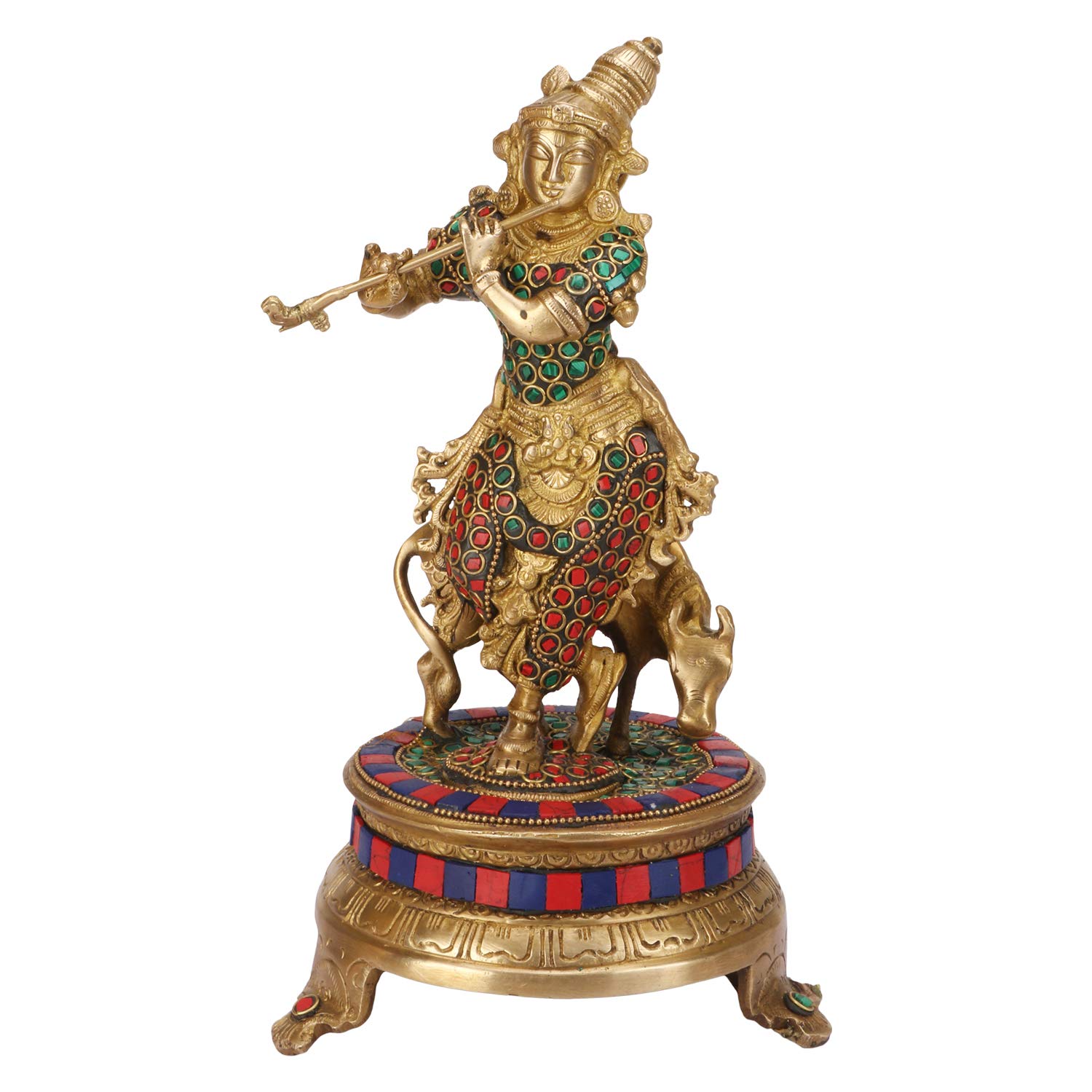 Lord Krishna God Murti, Brass Statue Of Love Flute Playing With Cow - 11 Inch