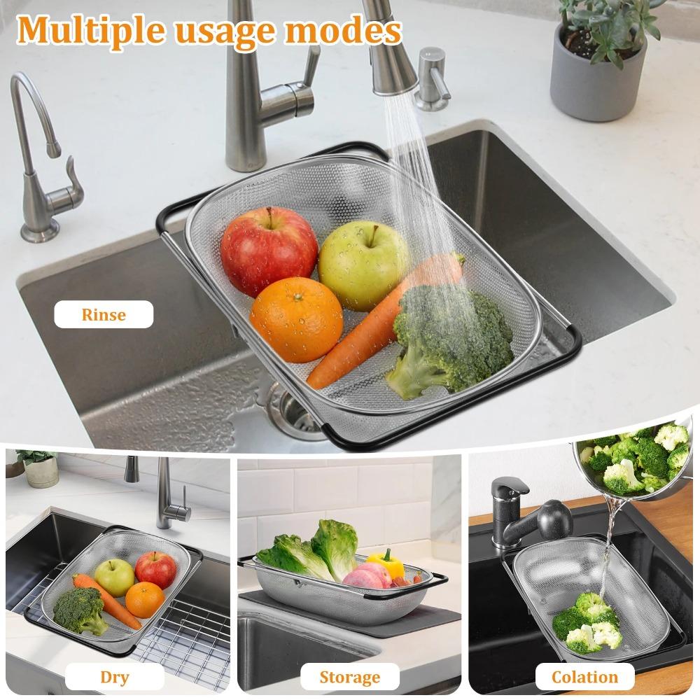 Non-slip Handle Sink Drain Basket Scalable Vegetables Draining Racks Strainer Basket  Rinse Fruit