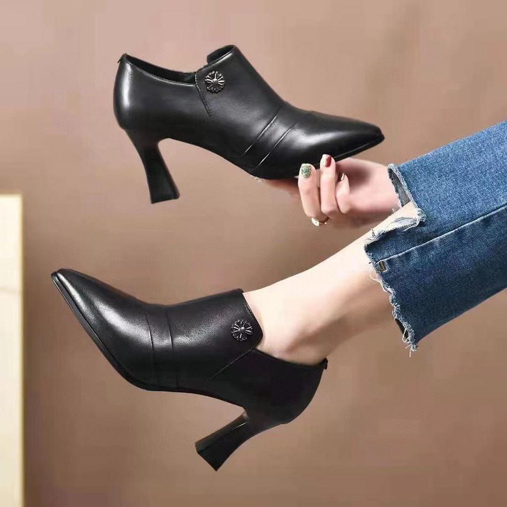 Damen High Heels 2025 Herbst neue schwarze Rindsleder spitze dünne hohe Absätze tiefer Ausschnitt Einzelne Schuhe Damen professionelle vier Jahreszeiten Lederschuhe