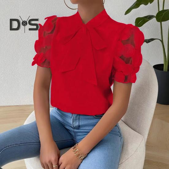 Damen-Shirt mit Schleifenausschnitt, Mesh-Jacquard, kurze Ärmel, Freizeithemd, einfarbige Bluse für den Alltag