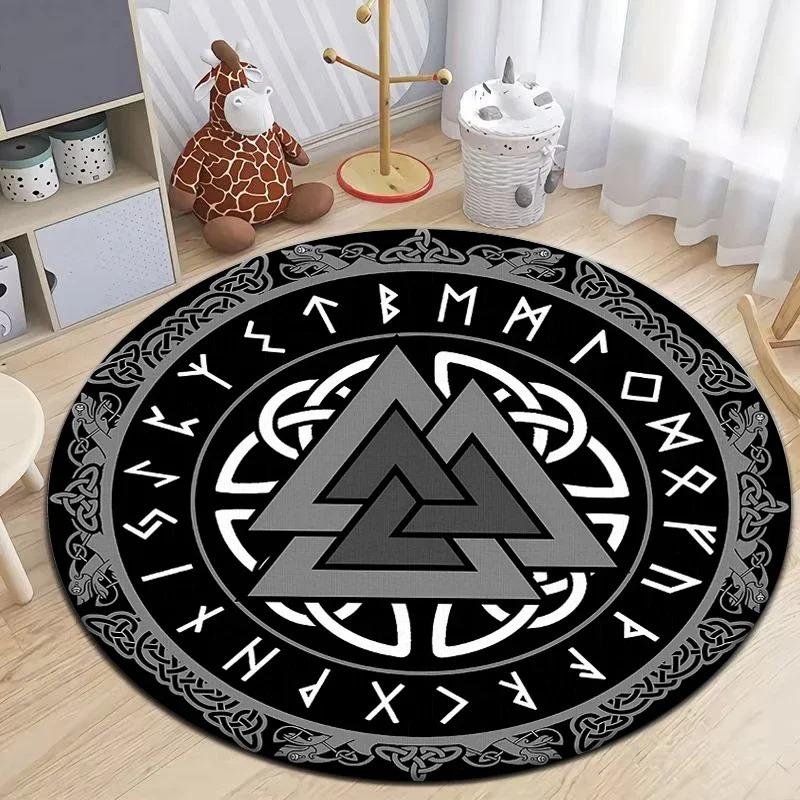 Viking Inspired Round Rug with Norse Symbols and Celtic Patterns Floor Mat for Nordic Decor Adding Mystic Ancient Charm