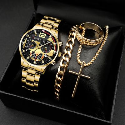 1/4pcs Luxury Men Business Analog Quartz Watch Arabic Numeral Dial Clock Cross Necklace Bracelet Ring Jewelry Set Reloj Hombre