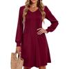 Women's Solid Color Casual Fashion V-neck Long Sleeved Mid Length Dress