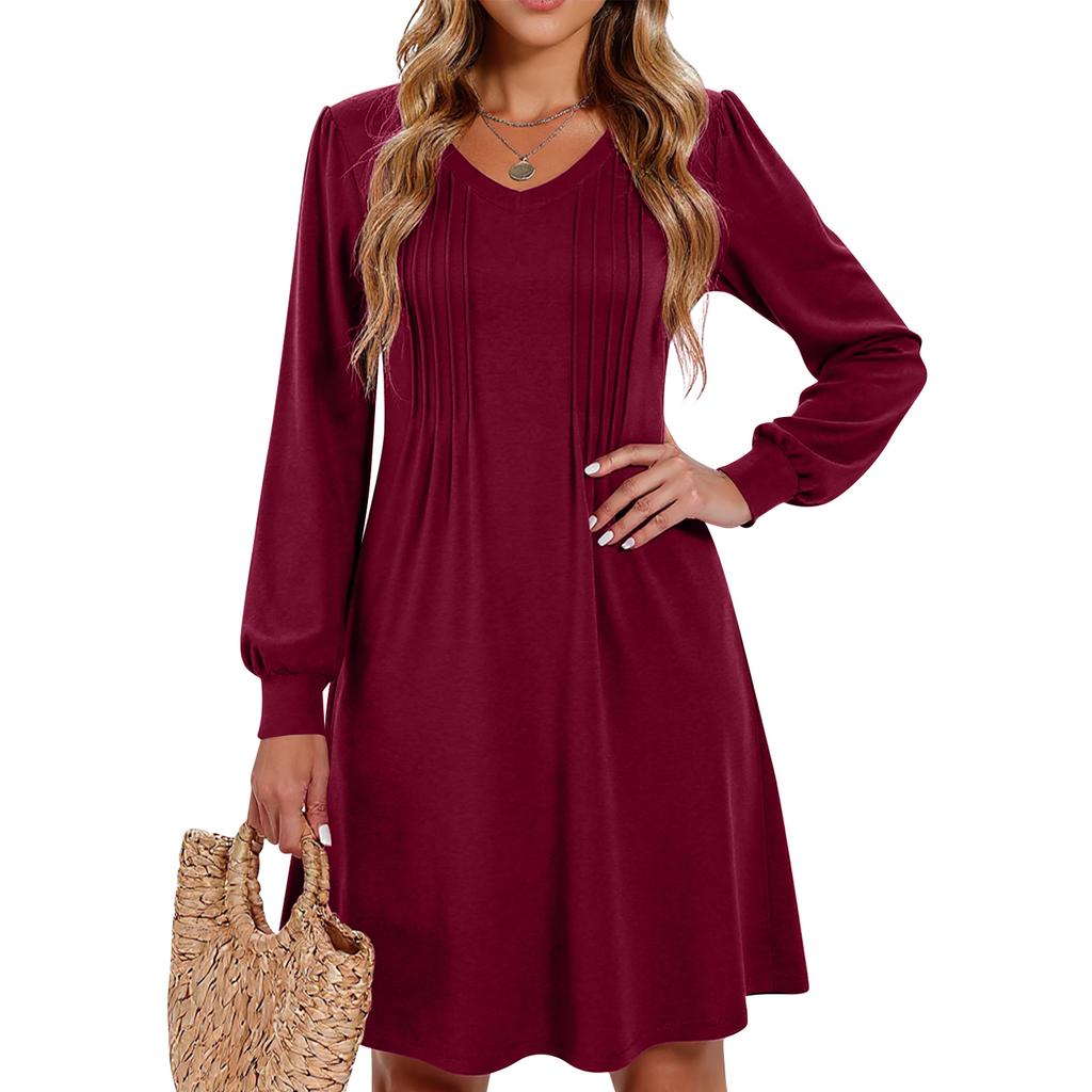 Women's Solid Color Casual Fashion V-neck Long Sleeved Mid Length Dress