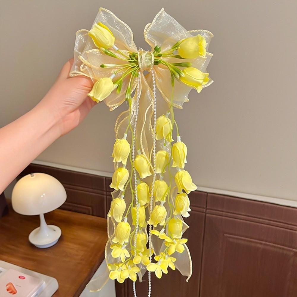 Long Ribbon Bow Hair Clip Bell Orchid Hair Barrettes New Sweet Headband  For Girls