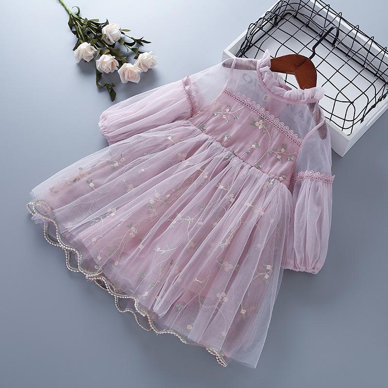 New Girls' Lace Mesh Embroidered Puff Sleeve Dress - Spring & Autumn, Korean Style