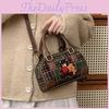 Small Retro Artistic Bear Embroidery Check Pattern Handbag For Outings Casual