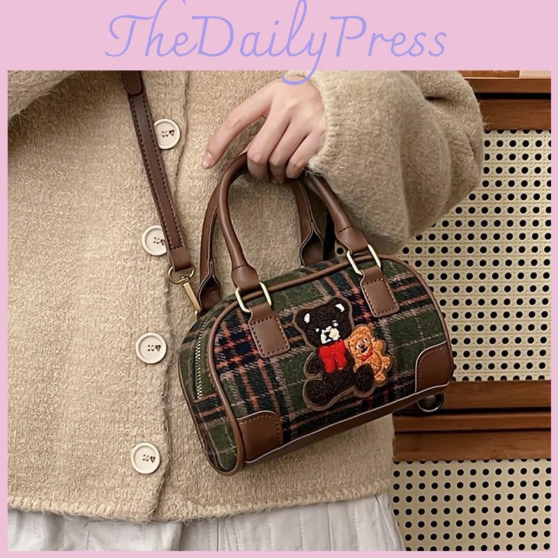 Small Retro Artistic Bear Embroidery Check Pattern Handbag For Outings Casual