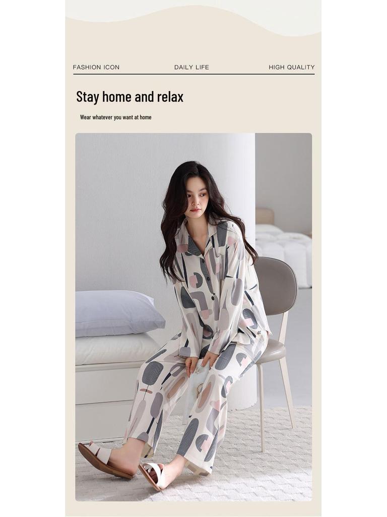 Women's Rayon Cotton Long Sleeve Pajama Set - Lapel, Casual Autumn Style for Home or Outside Wear