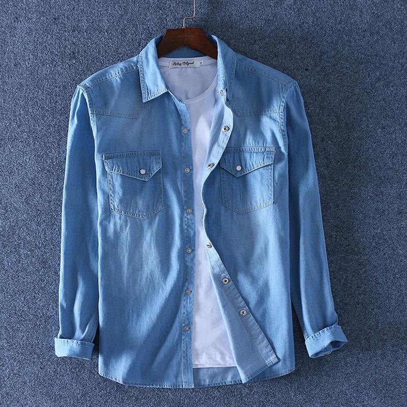 Men's Trendy Spring Classic Cotton Denim Long-Sleeve Shirt with Double Pockets