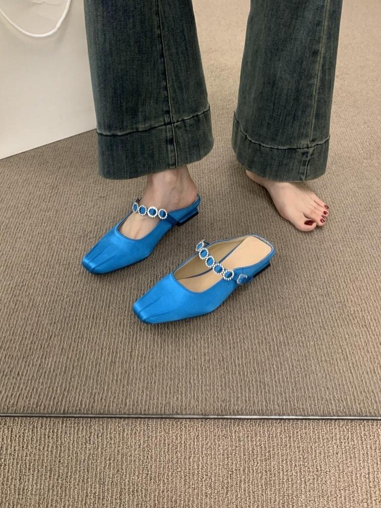 French niche fairy wind bag head half slippers female summer wear lazy one pedal satin low heel muller shoes sandals